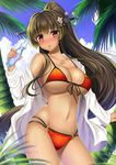  anchor bad_id bad_pixiv_id beach bikini blush breasts brown_eyes brown_hair chestnut_mouth cleavage cloud collarbone cowboy_shot day flower front-tie_top full-face_blush hair_flower hair_ornament headgear holding jacket jewelry kantai_collection large_breasts leaf long_hair long_sleeves looking_at_viewer navel o-ring o-ring_bottom off_shoulder open_clothes open_mouth outdoors palm_tree pendant ponytail ramune red_bikini revision shibata_rai shiny shiny_skin sky solo sweat swimsuit tan tree underboob yamato_(kantai_collection) 