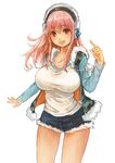  blush breasts cutoffs headphones kemi_neko large_breasts long_hair looking_at_viewer nitroplus open_mouth pink_hair red_eyes shirt short_shorts shorts smile solo super_sonico taut_clothes taut_shirt 
