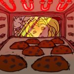  baking_sheet blonde_hair blurry closed_eyes commentary_request cookie depth_of_field flandre_scarlet food glowing grey_hair interior izayoi_sakuya justin_hsu multiple_girls open_mouth oven red_eyes side_ponytail touhou wide-eyed 