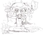  :3 :d cape eating food full_body gloves greyscale hat holding ikusotsu kantai_collection long_hair monochrome monster open_mouth rock saliva shinkaisei-kan simple_background smile solo sparkle steam stick sweet_potato turret white_background wo-class_aircraft_carrier younger 