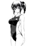  bare_shoulders collarbone competition_swimsuit covered_navel cowboy_shot hair_between_eyes highres looking_at_viewer monochrome nagayori one-piece_swimsuit original ponytail simple_background solo standing swimsuit white_background 