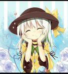  ^_^ blue_flower blue_rose bow closed_eyes flower hands_on_own_cheeks hands_on_own_face hat hat_bow heart heart_of_string komeiji_koishi letterboxed rose smile solo third_eye touhou white_hair yuuhagi_(amaretto-no-natsu) 