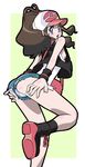  ass baseball_cap blue_eyes blush boots brown_hair denim denim_shorts dobadobaakin flat_chest hands_on_ass hat highres looking_back nipple_slip nipples open_mouth panties panty_peek pokemon pokemon_(game) pokemon_bw ponytail shorts solo touko_(pokemon) underwear 