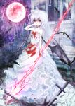  bare_arms bare_shoulders bat bat_wings blood bloody_clothes bloody_dress bloody_hands bridal_veil chain dress full_moon highres hoshibuchi looking_at_viewer moon red_eyes red_moon remilia_scarlet scarlet_devil_mansion silver_hair sky solo spear_the_gungnir strapless strapless_dress touhou veil wedding_dress white_dress wings 