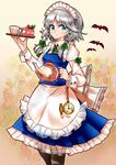  apron bat blue_dress braid cake cup dress food green_eyes izayoi_sakuya juliet_sleeves long_sleeves maid maid_headdress pantyhose pocket_watch puffy_sleeves shirt silver_hair smile solo teacup teapot touhou tray twin_braids uma_(ninjin_misaki) waist_apron watch 