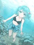  bad_id bad_pixiv_id barefoot bikini bikini_top black_bikini blue_eyes blue_hair bubble clothes_around_waist collarbone dutch_angle fish freediving full_body hair_bobbles hair_ornament holding_breath honotai kawashiro_nitori looking_at_viewer shirt_around_waist shorts solo swimming swimsuit touhou two_side_up underwater 