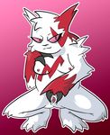  anoddscot anthro breasts claws crouching female fur half-closed_eyes looking_away markings nintendo nipples nude pink_background pink_eyes plain_background pok&#233;mon pok&#233;morph pok&eacute;mon pussy red_fur red_markings smile solo spread_legs spread_pussy spreading tuft video_games white_fur zangoose 