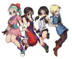  4girls :o android_18 aqua_hair arm_at_side arms_at_sides bangs bare_legs belt black_gloves black_shirt blonde_hair blue_eyes boots braid brown_eyes brown_footwear brown_gloves brown_hair bulma character_name chi-chi_(dragon_ball) chinese_clothes clenched_hand clothes_writing denim denim_jacket denim_skirt dragon_ball dragon_ball_(classic) dragonball_z dress earrings expressionless eyelashes fingernails floating floating_hair frown full_body gloves hair_ribbon hand_in_pocket hand_on_own_chest happy horizontal_stripes jacket jewelry kinjuu_(hariharitt) long_sleeves looking_at_viewer looking_away multiple_girls open_mouth pantyhose pink_dress ponytail purple_legwear purple_neckwear purple_scarf red_ribbon ribbon scarf shirt short_hair shorts simple_background single_glove skirt smile socks striped twintails v-shaped_eyebrows videl watch white_background white_shirt wristband wristwatch 