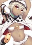  1girl arc_system_works arms_up bare_midriff belt beltbra breasts cleavage coat creature dark_skin erect_nipples grin guilty_gear guilty_gear_xrd hat hips navel open_mouth ramlethal_valentine red_eyes shiny short_shorts shorts small_breasts smile solo teeth 