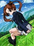  back black_legwear boots brown_eyes brown_hair cloud day forest from_behind girls_und_panzer grass hair_ribbon kadotani_anzu long_hair looking_at_viewer looking_back military military_uniform miniskirt nature ooarai_military_uniform open_mouth outdoors pleated_skirt r-ex ribbon sitting skirt sky socks solo twintails uniform white_skirt wind 