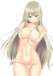  arms_behind_back bare_shoulders bikini blonde_hair blue_eyes blush breasts cleavage cowboy_shot curvy large_breasts long_hair looking_at_viewer muffin_(sirumeria) navel open_mouth original shiny simple_background solo string_bikini swimsuit white_background 