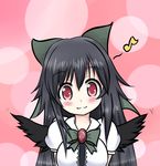  :3 absurdres bad_id bad_pixiv_id bird_wings black_hair black_wings bow circle eighth_note head_tilt highres looking_at_viewer musical_note pink_background pink_eyes puffy_short_sleeves puffy_sleeves reiuji_utsuho shirt short_sleeves simple_background smile solo touhou upper_body white_shirt wings wisp_d 