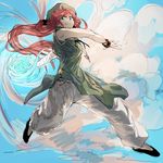  alternate_costume bandages blue_eyes bow bracelet braid chinese_clothes cloud colorized fighting_stance geppewi hair_bow hair_ornament hat hong_meiling jewelry long_hair looking_at_viewer looking_down necklace pants pants_under_dress red_hair shirt shoes short_sleeves sketch smile solo touhou twin_braids 