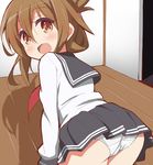  9law all_fours ass brown_eyes brown_hair folded_ponytail highres inazuma_(kantai_collection) kantai_collection long_hair looking_back panties pantyshot pleated_skirt school_uniform serafuku skirt solo underwear white_panties 