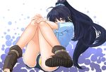  black_hair blue_eyes blush denim denim_shorts earrings ganaha_hibiki gizensha hands_on_own_knees highres idolmaster idolmaster_(classic) jewelry long_hair panties panty_peek ponytail sandals shorts solo toes underwear 