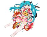  :d animal_ears aqua_hair aqua_nails bad_id bad_pixiv_id bean_bag branch cat_ears cat_tail daruma_doll earrings fan fang fish floral_print flower folding_fan full_body hatsune_miku highres japanese_clothes jewelry kimono long_hair looking_at_viewer meme_(zuwaigani4) nail_polish no_shoes obi open_mouth paw_pose sash scrunchie short_kimono smile solo stud_earrings tail thighhighs twintails very_long_hair vocaloid white_background white_legwear wrist_scrunchie 