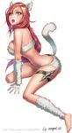  animal_ears barefoot cat_ears cat_tail full_body fur gloves green_eyes gtfrog9999 katarina_du_couteau kitty_cat_katarina league_of_legends long_hair navel open_mouth red_hair scar solo symbol-shaped_pupils tail white_background white_gloves 