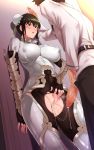  1boy 1girl absurdres aftersex akchu black_hair breasts cum cum_in_pussy ejaculation fate/grand_order fate_(series) green_eyes highres large_breasts penis qin_liangyu_(fate) torn_clothes 