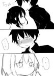  1boy 1girl absurdres bad_id bad_pixiv_id black_hair blush comic forehead_kiss gakuran greyscale hair_tubes highres itsumi_(nana-mai) kiss komori-san_wa_kotowarenai! komori_shuri monochrome ootani_(komori-san) school_uniform serafuku short_hair 