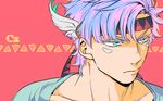  blue_hair caesar_anthonio_zeppeli feathers green_eyes hair_feathers headband jojo_no_kimyou_na_bouken kock_k male_focus pink_hair solo 