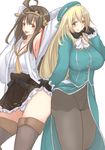  2girls ahoge armpits atago_(kantai_collection) beret black_gloves blonde_hair breasts brown_eyes brown_hair detached_sleeves erect_nipples female garyou gloves green_eyes hair_ornament hat huge_breasts japanese_clothes kantai_collection kongou_(kantai_collection) long_hair long_skirt medium_breasts military military_uniform miniskirt multiple_girls navel nontraditional_miko panties pantyhose pantyshot plump simple_background skirt skirt_lift standing tongue underwear uniform untraditional_miko white_background white_panties 