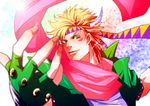  blonde_hair blurry caesar_anthonio_zeppeli depth_of_field facial_mark feathers fingerless_gloves gloves green_eyes green_jacket hair_feathers headband jacket jojo_no_kimyou_na_bouken male_focus mariero_(mariello) pink_scarf scarf solo 