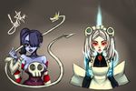  apron aundre_thompson bare_shoulders bloody_marie_(skullgirls) blue_hair blue_skin breasts commentary detached_sleeves glowing glowing_eyes hair_ornament hair_over_one_eye leviathan_(skullgirls) lips maid_apron maid_headdress medium_breasts multiple_girls red_eyes ribs sideboob signature skull_hair_ornament skullgirls squigly_(skullgirls) stitched_mouth stitches twintails white_hair yellow_eyes zombie 