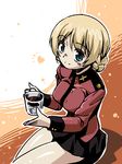  blonde_hair blue_eyes blush braid cup darjeeling girls_und_panzer heart holding jacket long_sleeves looking_at_viewer military military_uniform miniskirt pleated_skirt r-ex short_hair sitting skirt smile solo st._gloriana's_military_uniform tea teacup uniform 