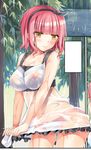  bad_id bad_pixiv_id blush bow bow_panties breasts cleavage hairband large_breasts nipples original panties pink_hair rain see-through short_hair solo sousouman tree underwear wet wet_clothes white_panties yellow_eyes 