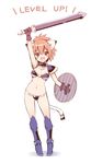  :d animal_ears arm_up armor bikini bikini_armor breasts buckler cat_ears cat_tail cleavage fang gloves greaves highres jewelry level_up looking_at_viewer medium_breasts navel necklace oota_yuuichi open_mouth orange_hair original ponytail red_eyes shield short_hair shoulder_armor simple_background smile solo spaulders swimsuit sword tail weapon white_background 