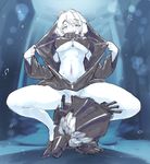  bottomless breasts glowing glowing_eyes highres hood jacket kabeu_mariko kantai_collection large_breasts md5_mismatch open_clothes open_mouth open_shirt pale_skin purple_eyes re-class_battleship shinkaisei-kan shirt short_hair silver_hair smile solo spread_legs squatting tail undressing 