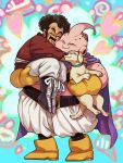  2boys ^_^ animal aqua_background bee_(dragon_ball) black_hair boots cape carrying cheek-to-cheek closed_eyes dog dragon_ball dragonball_z eyes_closed facial_hair full_body gloves happy heart heart_background hug kinjuu_(hariharitt) majin_buu male_focus mr._satan multicolored multicolored_background multiple_boys mustache pink_background smile standing white_background yellow_gloves 