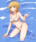  bikini blonde_hair green_eyes ishitobi_kanna leikangmin saki shinohayu_the_dawn_of_age short_hair swimsuit tongue tongue_out v wading water 