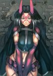  1girl batman_(series) belt belt_pouch black_hair blue_eyes breasts dc_comics elbow_gloves gloves huntress long_hair mask midriff paishen solo 