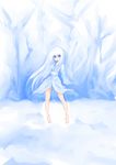  absurdres bad_id bad_pixiv_id barefoot blue_eyes flat_chest highres johan_(johan13) long_hair original sash sleeves_past_wrists snow solo white_hair winter 