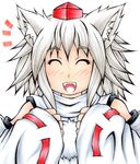  1girl animal_ears bare_shoulders blush closed_eyes detached_sleeves fangs happy hat highres inte_(whitewolftail) inubashiri_momiji looking_at_viewer open_mouth pom_pom_(clothes) short_hair silver_hair solo tokin_hat touhou traditional_media wolf_ears 