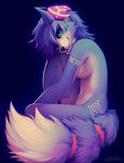  anthro blue_eyes blue_fur blue_hair breasts canine falvie female fluffy_tail fox fur hair headphones krystal mammal nintendo nude side_boob smile solo star_fox video_games white_fur 