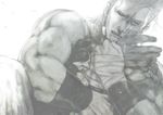  backlighting bandages closed_eyes crying death dog greyscale hug iggy_(jojo) jean_pierre_polnareff jojo_no_kimyou_na_bouken mohammed_avdol monochrome realistic severed_hand short_hair tears yodaka000 