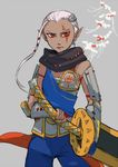  ahoge armor bad_id bad_pixiv_id bracer braid dark_skin facial_tattoo hand_on_hilt huge_ahoge huge_weapon impa pointy_ears red_eyes sarashi shaingtao side_braid solo tattoo the_legend_of_zelda weapon zelda_musou 