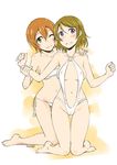  ;3 artist_name blush breasts brown_hair covered_nipples highres hoshizora_rin kneeling koizumi_hanayo love_live! love_live!_school_idol_project medium_breasts multiple_girls navel o-ring o-ring_top one_eye_closed orange_hair purple_eyes shiun short_hair small_breasts yellow_eyes 