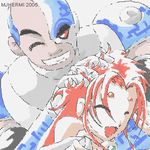  1boy 1girl 2005 alien bald cartoon_network cyborg cyborg_(dc) dark_skin dc_comics eyes_closed hand_on_another's_head lowres one-eyed red_hair smile starfire teen_titans victor_stone 