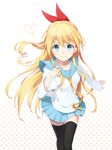  black_legwear blonde_hair blue_eyes hair_ribbon heart kirisaki_chitoge long_hair matsurika nisekoi ribbon school_uniform skirt solo thighhighs zettai_ryouiki 