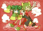 :o ;d arm_up blue_eyes character_name china_dress chinese_clothes dadadanoda double_bun draco_centauros dress full_body gloves green_hair horns madou_monogatari multiple_girls official_style one_eye_closed open_mouth pants pointy_ears puyopuyo puyopuyo_fever red_background rider_(puyopuyo) shoes short_hair sleeves_past_wrists smile standing v yellow_eyes yie_ar_fan_club_(vocaloid) 