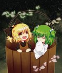  blonde_hair bow bucket closed_eyes dress green_hair hair_between_eyes hair_bobbles hair_bow hair_ornament japanese_clothes kimono kisume kurodani_yamame multiple_girls open_mouth ponytail rimei round_teeth short_hair short_twintails sky sleeves_past_wrists smile star_(sky) starry_sky teeth touhou twintails upper_body wooden_bucket yellow_eyes 