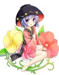  barefoot bowl flower full_body japanese_clothes kimono purple_eyes purple_hair short_hair sitting solo sukuna_shinmyoumaru touhou white_background yokozuwari yuuhagi_(amaretto-no-natsu) 
