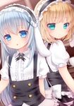  alternate_costume amashiro_natsuki bad_id bad_pixiv_id blonde_hair blue_eyes blue_hair blush fleur_de_lapin_uniform gochuumon_wa_usagi_desu_ka? hair_ornament hairclip kafuu_chino kirima_sharo long_hair looking_at_viewer matching_outfit multiple_girls short_hair waitress x_hair_ornament 