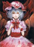  ascot bat_wings black_background blood bloody_clothes bloody_hands blue_hair brooch colored_eyelashes grin hands_on_own_chest hat hat_ribbon highres jewelry johnalay lips looking_at_viewer mob_cap oil_painting_(medium) puffy_short_sleeves puffy_sleeves red_eyes remilia_scarlet ribbon sash short_hair short_sleeves skirt skirt_set smile solo touhou traditional_media wings wrist_cuffs 