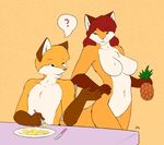  anthro big_breasts black_nose blue_eyes breasts brown_hair canine chair chest_tuft duo eating eye_contact female fluffy_tail food fork fox fruit fur green_eyes hair knife long_hair male mammal nude orange_fur pineapple plate smile starfighter straight table topless tuft white_fur 