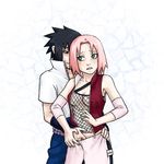  1girl anna_kokoro_(anko) fishnets green_eyes hand_in_pants haruno_sakura hetero lowres naruto_(series) naruto_shippuuden non-web_source pink_hair short_hair uchiha_sasuke vest 