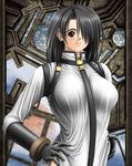  black_hair breasts brown_eyes gloves large_breasts norita solo stained_glass strap 